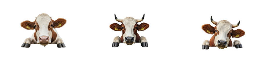 Cows Peeking Over Edge, Farm Animals Set Element on Transparent Background PNG, Oil Paint