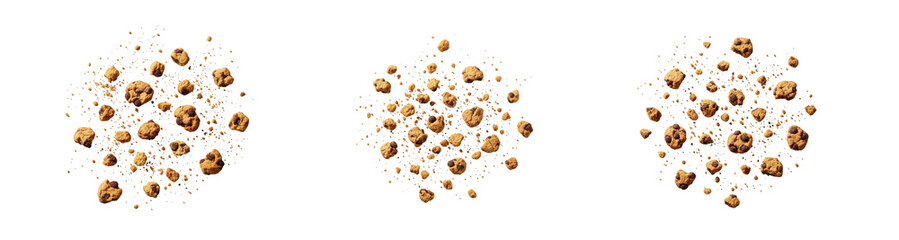 Set of Exploding Brown Crumbs or Cookie Crumbles Isolated on White Background PNG Oil Paint