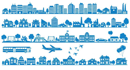 Diverse blue silhouette icons of urban and suburban elements including houses, buildings, trees, vehicles, and airplanes arranged in repeating rows on a transparent background. Concept of modern city