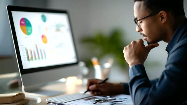 Faceless marketer analyzing digital marketing dashboard interface performance charts display colorful pie graph statistics organization structure diagram business analytics