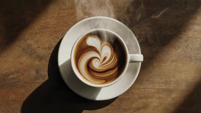 A top view of a steaming cup of cappuccino, featuring intricate latte art with swirling patterns. set on a rustic wooden table, the composition highlights the artistry and warmth of a freshly brewed c