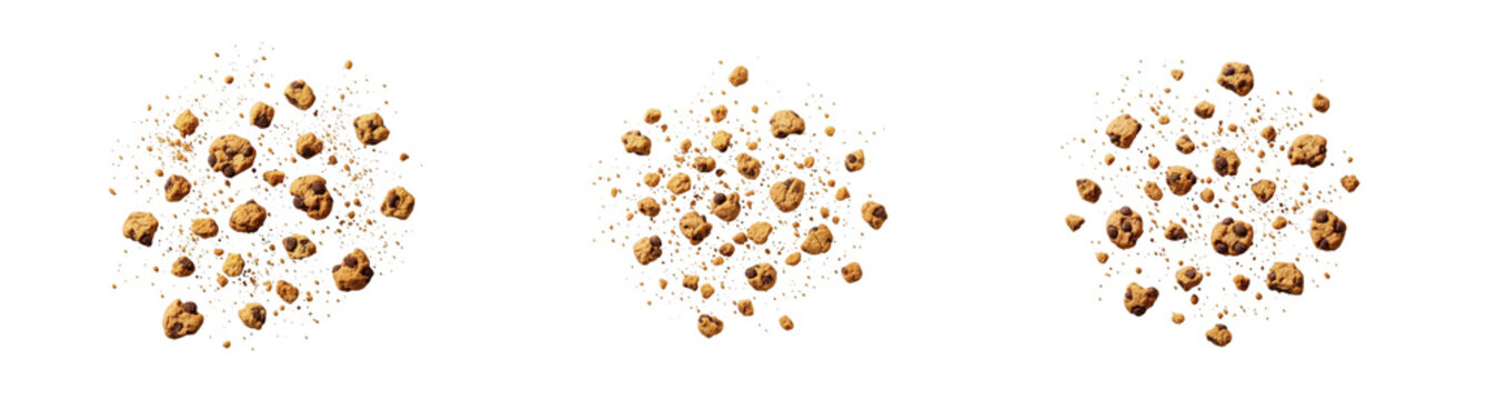 Set of Exploding Brown Crumbs or Cookie Crumbles Isolated on White Background PNG Oil Paint