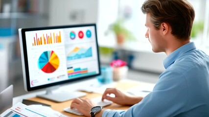 Faceless marketer working with digital marketing dashboard display analytical charts metrics colorful pie graphs organizational chart structure performance data analytics - Powered by Adobe