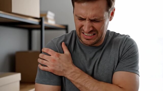 Man experiencing shoulder pain with an animated X-ray of a rotator cuff tear. Injury, medical, and health concept.