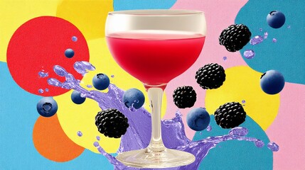 Colorful background with a glass of red liquid and blackberries. The background is a mix of colors and the image has a fun and playful vibe