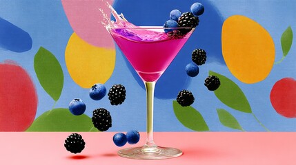 Martini glass is filled with a purple drink that has blueberries floating in it. The drink is a mix of blueberry juice and vodka, and the blueberries are floating on top of the liquid