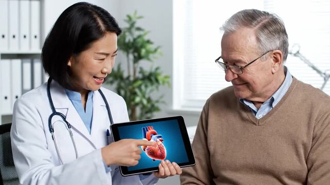 Doctor explaining heart condition to senior patient using a tablet.