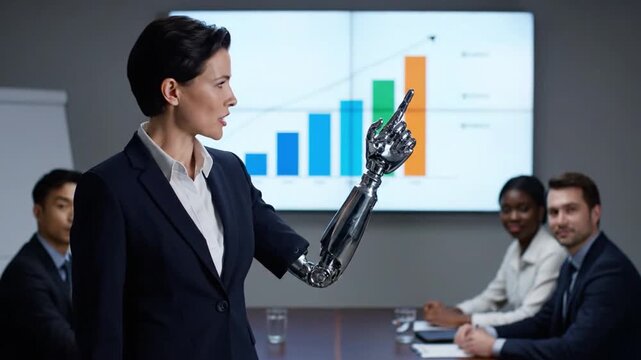 Businesswoman with a prosthetic arm giving a presentation to colleagues. Leadership and inclusion concept