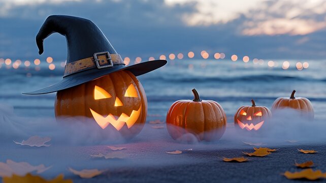 Halloween beach night with illuminated pumpkins a witch hat and mysterious fog perfect for seasonal promotions