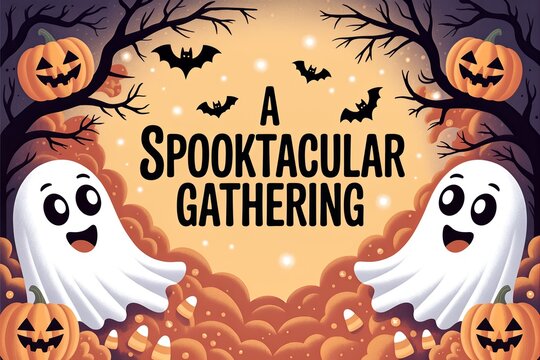 A Spooktacular Halloween Gathering Illustration with Pumpkins Ghosts and Bats for Festive Celebrations
