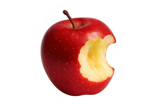 Red juicy apple with a bite taken out, symbolizing temptation, health, fresh food, and organic nutrition, transparent background