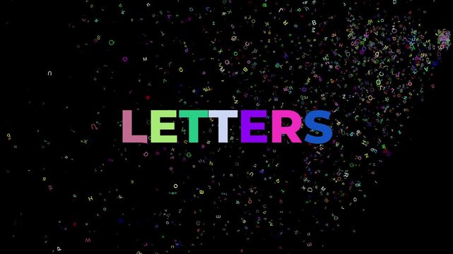 Large Text LETTERS blinking in many rainbow colors and many small letters on black background