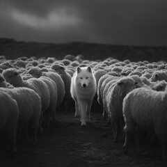 a wolf walking in the heard of sheep towards the camera. Black and white and dramatic for inspiration