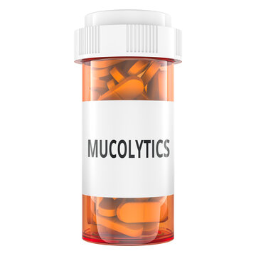 Mucolytics, medicine bottle with tablets. 3D rendering