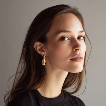 Wearing Gold paraboloid earring, thermal shock faint contouring, parabolic surface precision, subtle curvilinear poise