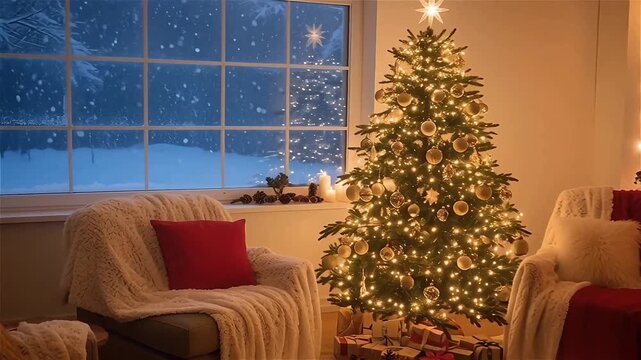 Cozy Christmas Eve scene with crackling fireplace and twinkling tree lights creating magical holiday atmosphere for seasonal advertising campaigns