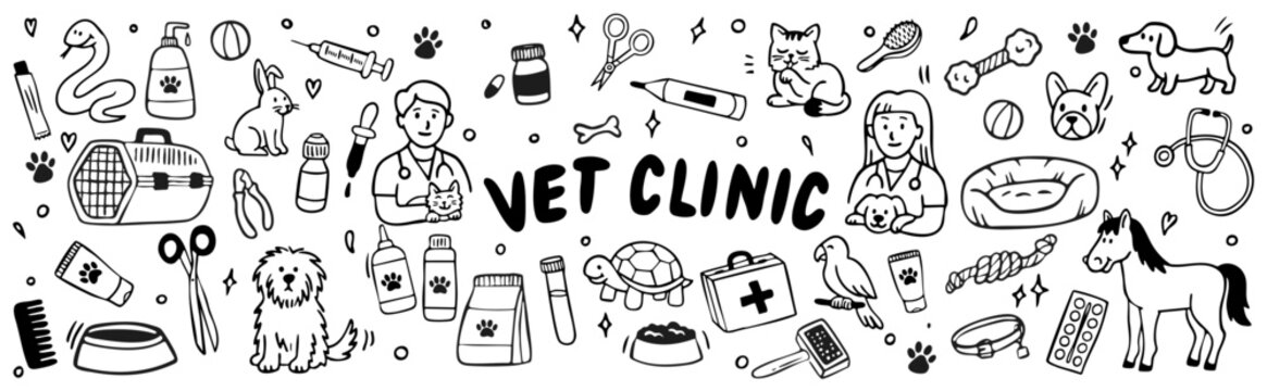 veterinary clinic doodle vector set with animals and pet care icons
