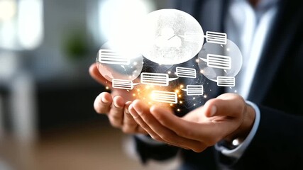 Faceless young businessman chatting with smart AI artificial intelligence interface chatbot technology conversation machine learning communication digital assistant automation - Powered by Adobe