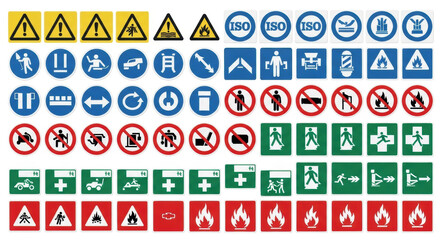 A grid of ISO 7010 international safety signs: yellow warning, blue mandatory, red prohibition, green emergency, red fire, meticulously arranged on a transparent background, overhead studio flat lay