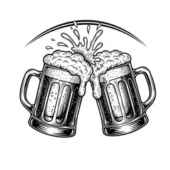 Two traditional, sturdy beer mugs, full with frothy foam and bubbles, clinking forcefully with vigorous splashing beer, on a plain white background with elegant curved lines framing, vintage black