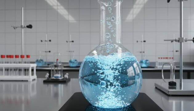 Round flask filled with bubbling blue solution in clinical lab environment for research innovation themes, pharmaceutical discovery visuals and science education content