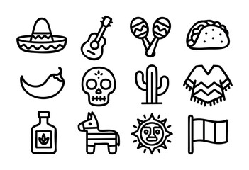 Set of Mexican culture icons in simple bold-line style: sombrero, guitar, maracas, taco, chili pepper, sugar skull, cactus, poncho, tequila bottle, pi&ntilde;ata, sun, flag
