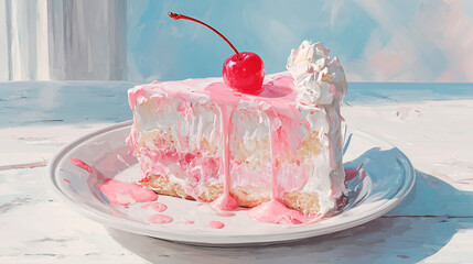 A slice of cake with pastel pink cream in a digital art style