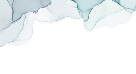 An abstract watercolor ink bleed texture with fluid organic shapes and feathered edges in soft blue-grey and subtle teal tones, transitioning onto a pristine transparent background with ample copy