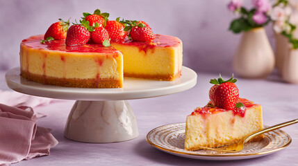 A creamy strawberry cheesecake with a thin layer of cream.