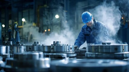 Medium shot of an engineer inspecting metal parts after nitrogen cryogenic treatment highlighting enhanced hardness and wear resistance in an industrial workshop