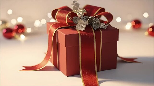 Elegant Christmas Surprise Awaits Inside Red Gift Box with Festive Ribbon and Sparkling Lights, Perfect for Holiday Celebrations and Special Occasions