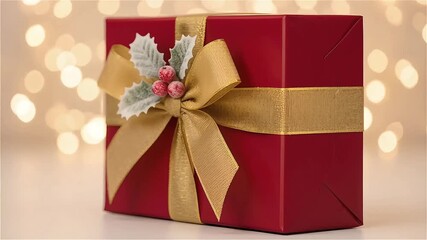 Elegant red Christmas gift with shimmering gold ribbon and festive holly accent, perfect for holiday celebrations and heartwarming moments of giving - Powered by Adobe