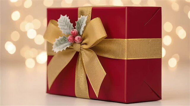 Elegant red Christmas gift with shimmering gold ribbon and festive holly accent, perfect for holiday celebrations and heartwarming moments of giving