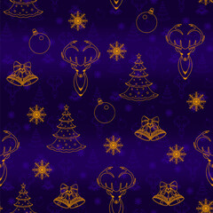 Seamless pattern with isolated golden Christmas symbols: a fir tree, reindeer, baubles, snowflakes, and bells on a purple-blue background.