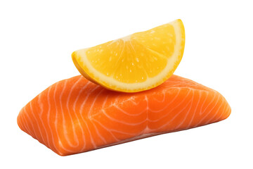 Fresh raw salmon fillet topped with a lemon wedge, providing healthy seafood and protein for a balanced diet on a transparent background