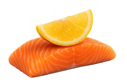Fresh raw salmon fillet topped with a lemon wedge, providing healthy seafood and protein for a balanced diet on a transparent background