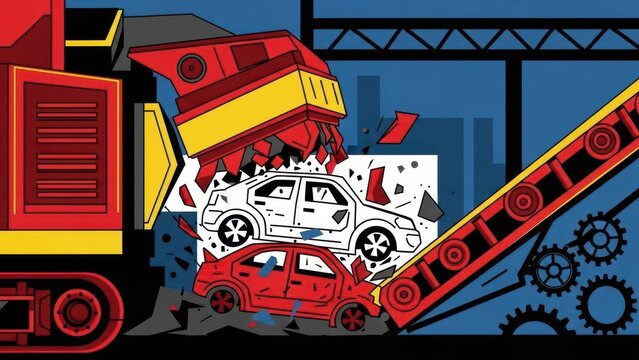 Car Crusher Machine Compressing Vehicles in Industrial Facility.