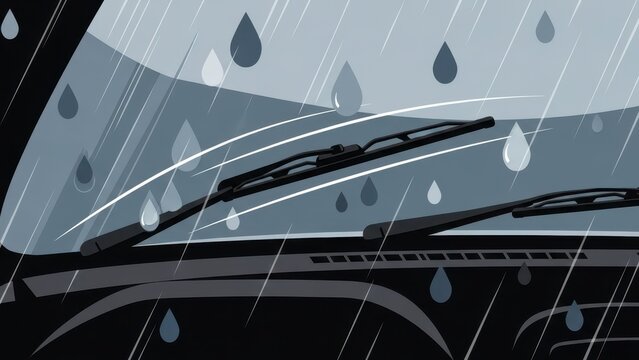 Car windshield wipers clearing heavy rain on a dark road.