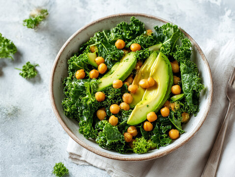 Fresh salad with kale, avocado, and chickpeas, ultra-clean background, Scandinavian atmosphere.