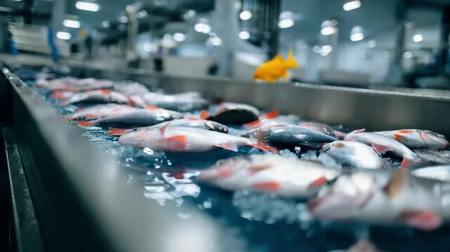 Medium shot of a robotic fish sorting system separating fresh fish by size and weight with precision on a conveyor belt in a clean processing facility.