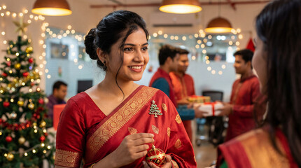 Indian woman celebrating Christmas in Indian office transforms into a warm, inviting space with employees exchanging gifts, sharing smiles, and embodying the spirit of holiday cheer.