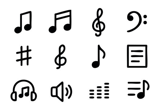 Set of minimalist music icons in bold-line style: music note, treble clef, bass clef, sharp, sheet, headphones, speaker, equalizer, playlist.