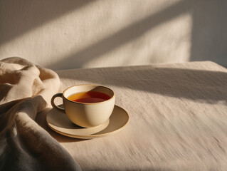 Minimal breakfast table with beige linen cloth, cup of tea, warm natural light, winter calmness