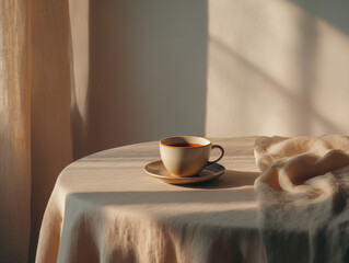 Minimal breakfast table with beige linen cloth, cup of tea, warm natural light, winter calmness
