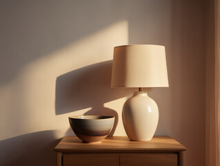 Minimal side table with lamp and ceramic bowl, warm evening light, calm winter interior.