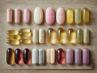 Neat arrangement of vitamins and supplements , soft natural light.