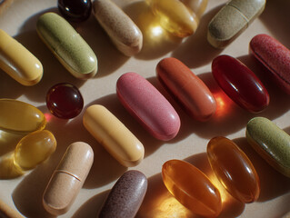 Neat arrangement of vitamins and supplements , soft natural light.