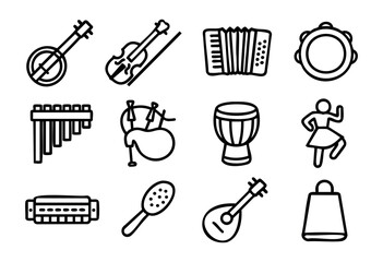 Obraz premium Set of folk music icons in simple outline style: banjo, violin, accordion, tambourine, pan flute, bagpipes, drum, dancer, harmonica, maracas, balalaika, cowbell.