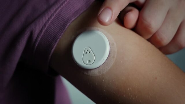 Glucose monitoring patch on arm: closeup sequence of wearable health technology