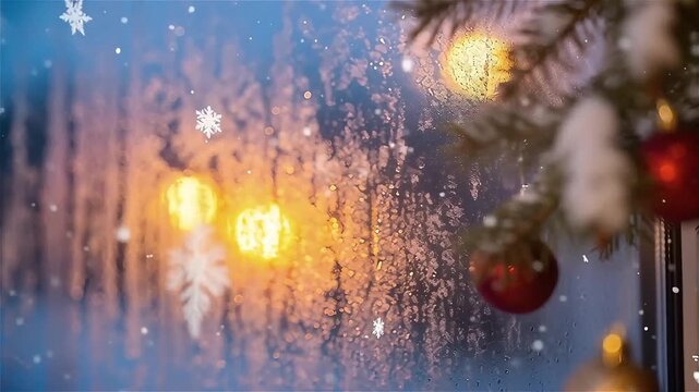 Charming winter scene with snowflakes falling outside a frosty window, Christmas ornaments twinkling on a snow-covered tree, creating cozy holiday magic